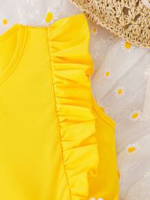 Tween Girl Appliques Ruffle Trim Dress - Yellow - View 5