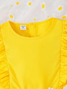 Tween Girl Appliques Ruffle Trim Dress - Yellow - View 7