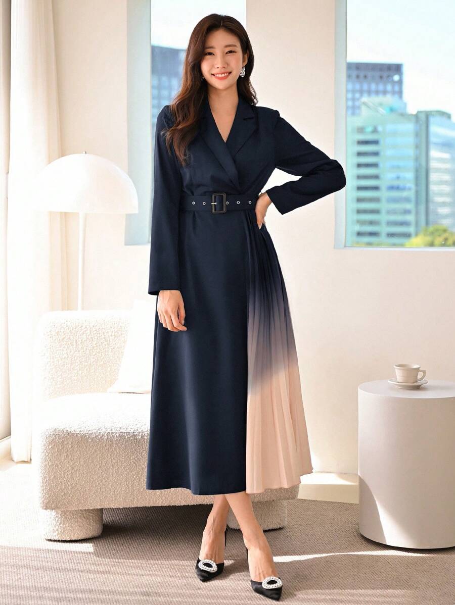 Modelyn Lapel Collar Ombre Pleated Hem Belted Dress - Navy Blue - View 1