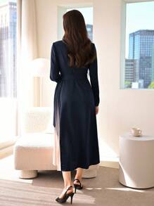 Modelyn Lapel Collar Ombre Pleated Hem Belted Dress - Navy Blue - View 2