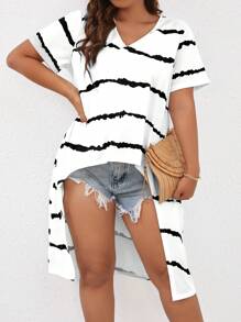 SHEIN LUNE Plus Tie Dye High Low Hem Tee - Black and White - View 1