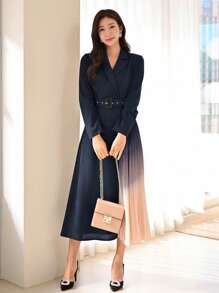 Modelyn Lapel Collar Ombre Pleated Hem Belted Dress - Navy Blue - View 4