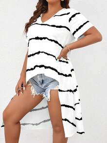 SHEIN LUNE Plus Tie Dye High Low Hem Tee - Black and White - View 3