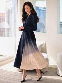 Modelyn Lapel Collar Ombre Pleated Hem Belted Dress - Navy Blue - View 6