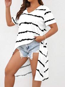 SHEIN LUNE Plus Tie Dye High Low Hem Tee - Black and White - View 6
