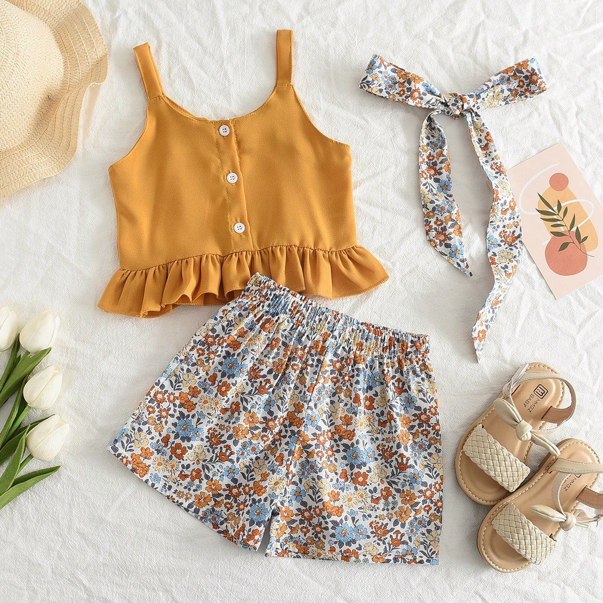 Top De Tirantes Con Dobladillo De Volantes Y Pantalones Cortos Con Estampado Floral Para Niña