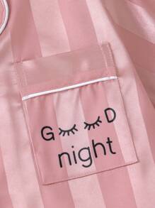 Tween Girls' Striped Eyelash & Letter Printed Pajama Set For Home - Dusty Pink - View 4