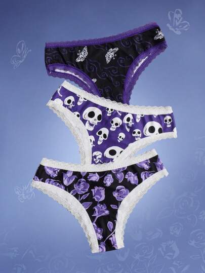 Corpse Bride | ROMWE 3pack Skull Floral Graphic Contrast Lace Briefs