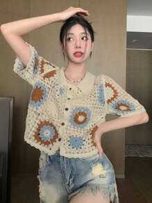 Cárdigan floral con botón delantero crop de croché - Albaricoque - Ver 2