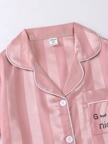 Tween Girls' Striped Eyelash & Letter Printed Pajama Set For Home - Dusty Pink - View 5