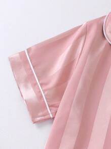 Tween Girls' Striped Eyelash & Letter Printed Pajama Set For Home - Dusty Pink - View 6