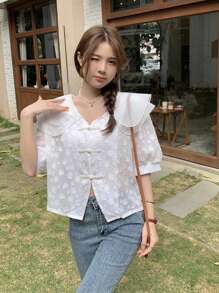 拼接多層誇大領口泡泡袖襯衫