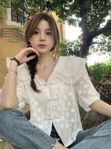 拼接多層誇大領口泡泡袖襯衫