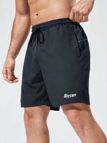 Quần short thể thao nam in chữ, cạp chun, có dây rút. - Màu xám đen - Xem 1