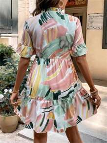 SHEIN VCAY 筆刷圖案荷葉袖荷葉邊娃娃裙 - 彩色 - 查看 2