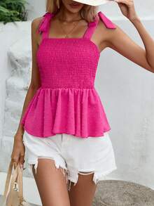 SHEIN VCAY 打褶肩上打結荷葉擺吊帶上衣 - 紅色 - 查看 4