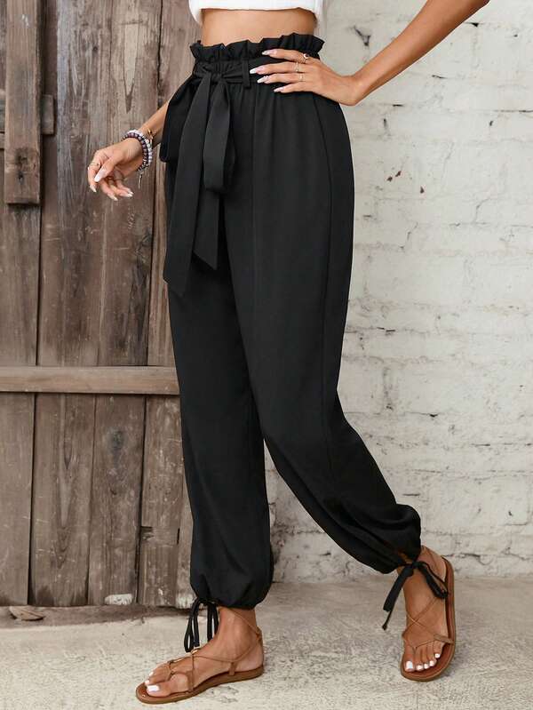 SHEIN Clasi Paperbag Waist Knot Hem Belted Pants SHEIN USA