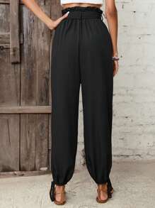 SHEIN Clasi 紙袋腰下擺打結腰帶長褲 - 黑色 - 查看 2