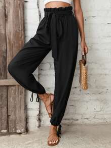 SHEIN Clasi 紙袋腰下擺打結腰帶長褲 - 黑色 - 查看 4