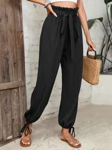 SHEIN Clasi 紙袋腰下擺打結腰帶長褲 - 黑色 - 查看 5
