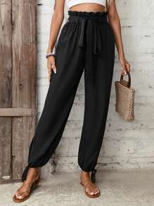 SHEIN Clasi 紙袋腰下擺打結腰帶長褲 - 黑色 - 查看 6