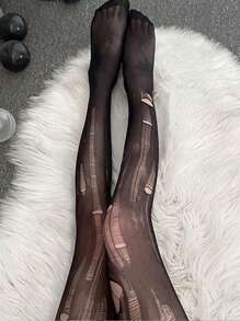 1雙女性素色薄透破洞休閒褲襪適用於日常 - 黑色 - 查看 6