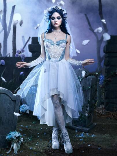 Goth Solid Contrast Mesh High Low Skirt