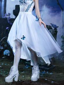ROMWE Goth Solid Contrast Mesh High Low Skirt - White - View 2