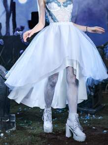 ROMWE Goth Solid Contrast Mesh High Low Skirt - White - View 5