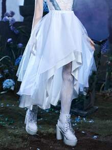 ROMWE Goth Solid Contrast Mesh High Low Skirt - White - View 6