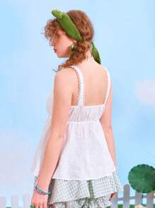 ROMWE Kawaii Eyelet Embroidery Knot Wide Strap Top - White - View 2