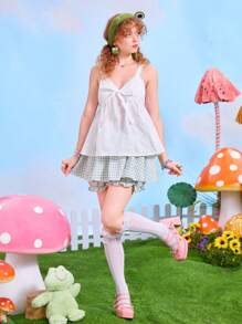 ROMWE Kawaii Eyelet Embroidery Knot Wide Strap Top - White - View 3