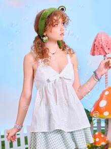 ROMWE Kawaii Eyelet Embroidery Knot Wide Strap Top - White - View 6