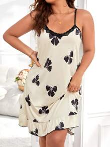 Plus Bow Print Lace Trim Ruffle Hem Cami Nightdress - Black and White - View 1
