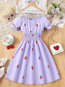 波西米亞水果蔬菜圖案女童連衣裙褶皺邊 打褶 - 紫丁香色 - 查看 1