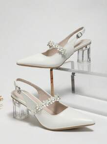 Mujer Zapatos de salón destalonados con diseño de flor de punta con tacón grueso moda blanco - Blanco - Ver 1