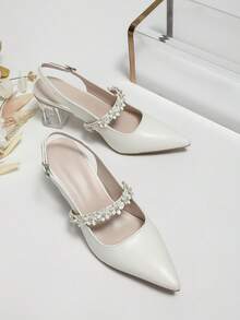Mujer Zapatos de salón destalonados con diseño de flor de punta con tacón grueso moda blanco - Blanco - Ver 2