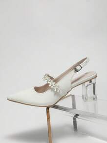 Mujer Zapatos de salón destalonados con diseño de flor de punta con tacón grueso moda blanco - Blanco - Ver 3