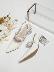 Mujer Zapatos de salón destalonados con diseño de flor de punta con tacón grueso moda blanco - Blanco - Ver 4