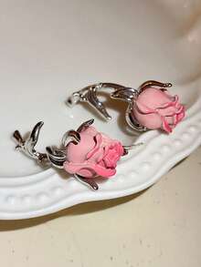 1對合金玫瑰形油性耳釘適合派對和約會禮物 - 彩色 - 查看 2