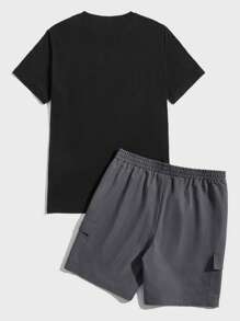 SWAVVY Men Letter Graphic Tee & Flap Pocket Shorts Summer Outfit, Couple Things - Dark Grey - View 2
