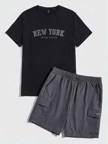 SWAVVY Men Letter Graphic Tee & Flap Pocket Shorts Summer Outfit, Couple Things - Dark Grey - View 3