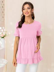 DEARCASE Maternity Ruffle Trim Peplum Tee - Pink - View 1