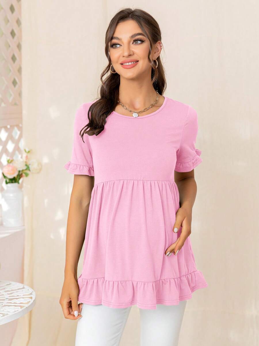 DEARCASE Maternity Ruffle Trim Peplum Tee - Pink - View 1