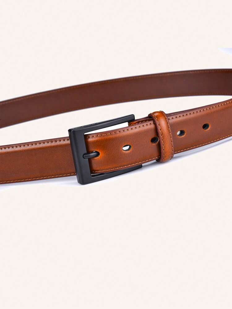 1pc Men Litchi Embossed Square Buckle Casual Belt For Daily Life - Brown - View 4