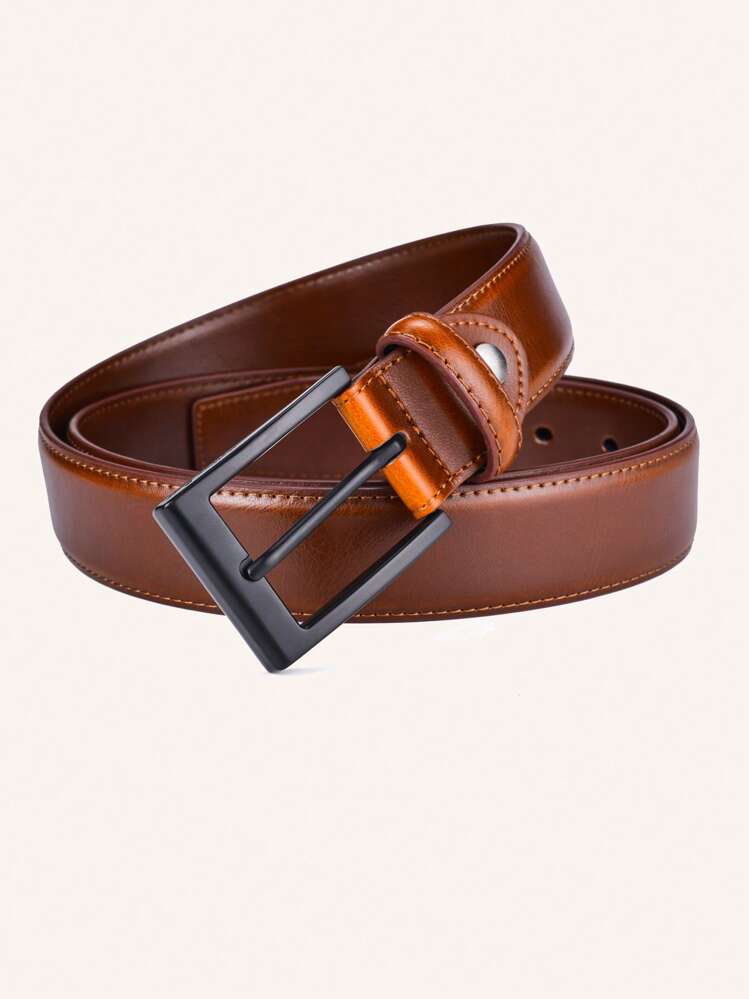 1pc Men Litchi Embossed Square Buckle Casual Belt For Daily Life - Brown - View 5