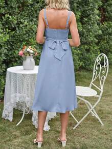 Vestido de tirantes unicolor pecho con fruncido con bolsillo oblicuo - Azul - Ver 2