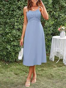 Vestido de tirantes unicolor pecho con fruncido con bolsillo oblicuo - Azul - Ver 3