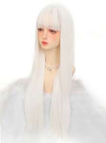 Bộ tóc giả tổng hợp cosplay dài thẳng có tóc mái - trắng - Xem 3
