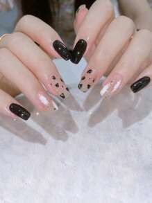 提升你風格帶24入組長款棺材Love撞色金蔥粉愛心圖案假指甲和1入組指甲銼和1張膠帶 - 彩色 - 查看 1